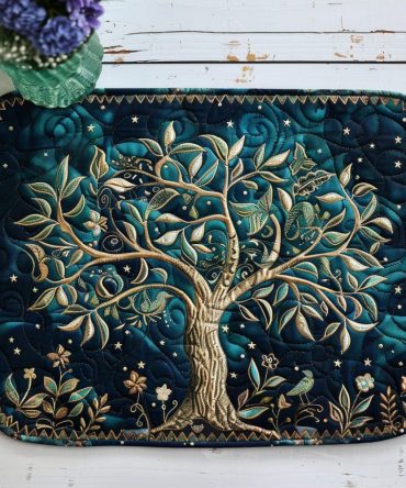 Emerald Tree of Life Quilted Placemat — 12x18 Vibrant Green Table Accent, Cotton-Blend, Machine-Washable & Durable