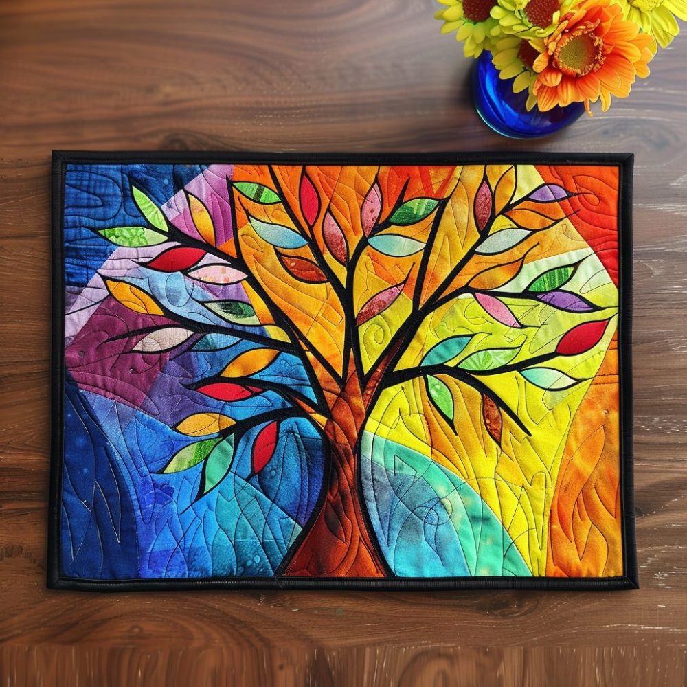 Sacred Grove Quilted Placemat — Stained-Glass Tree Design, Premium Quilting, Heat-Protective & Machine-Washable Table Accent for Elegant Homes