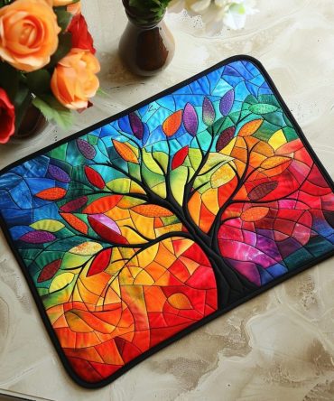 Verdant Vista Quilted Placemat — Green Stained-Glass Botanical Table Mat, Quilted Cotton Blend for Fresh Nature-Inspired Dining