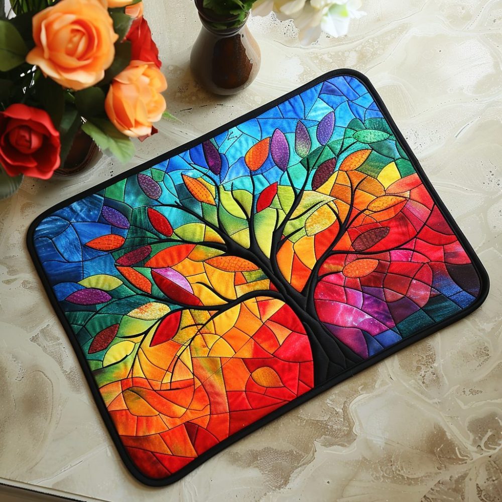 Verdant Vista Quilted Placemat — Green Stained-Glass Botanical Table Mat, Quilted Cotton Blend for Fresh Nature-Inspired Dining