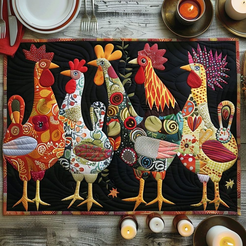 Charming Chicks Night Quilted Placemat — Whimsical Farmhouse Table Mat, Padded Dining Protector, Machine-Washable Seasonal Kitchen Accent