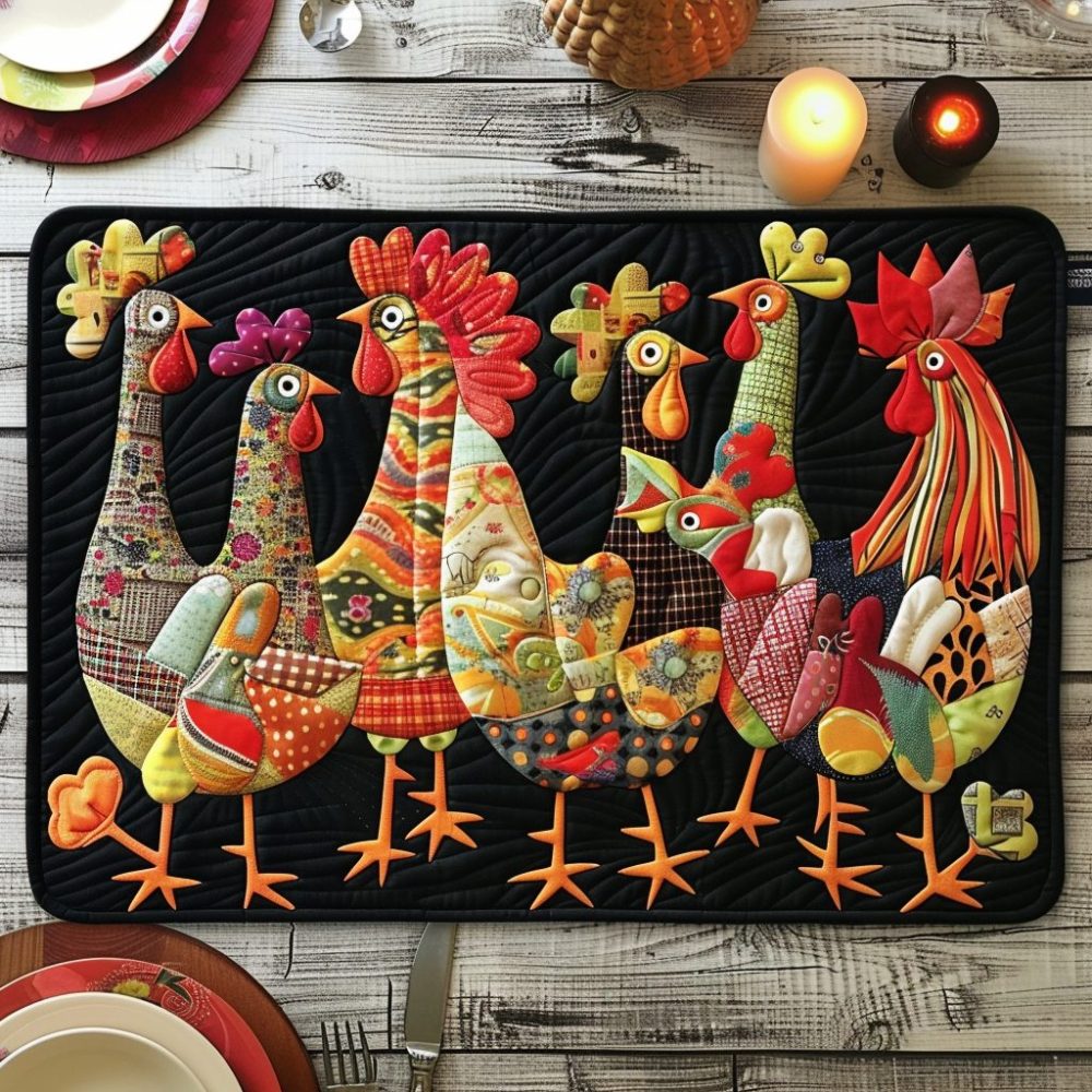 Charming Chicken Quilted Placemat - Farmhouse Hen Table Mat for Kitchen, Nighttime Design, Machine Washable & Non-Slip Backing