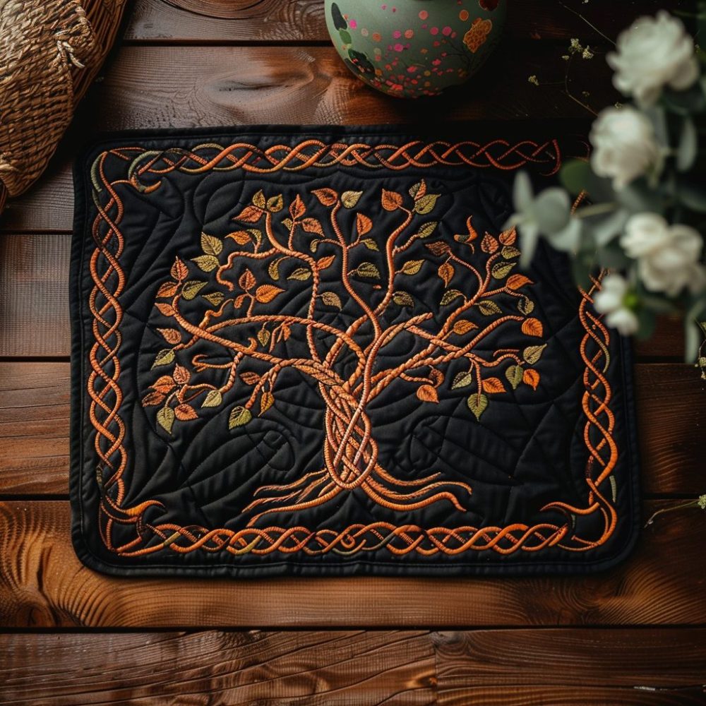 Old World Tree of Life Quilted Placemat — Vintage Celtic Table Accent, Durable Quilting, Machine Washable, Elegant Heirloom-Style Dining