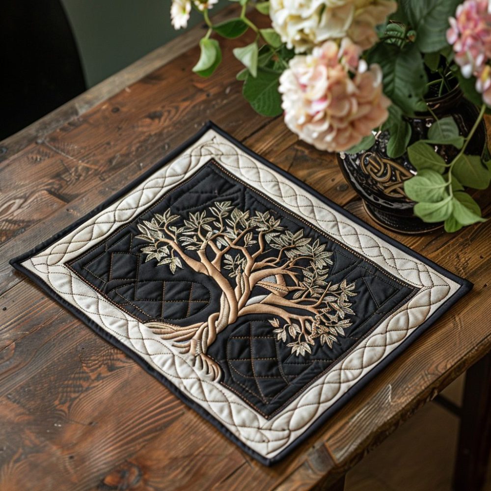 Timeless Celtic Knot Tree Quilted Placemat — Intricate Knotwork Table Mat, 12X18 Cotton Quilted Accent For Elegant Rustic Tables