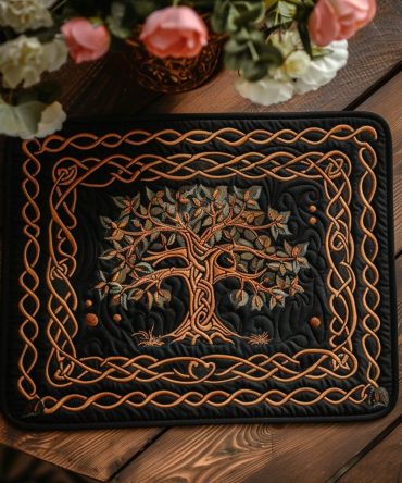 Heritage Tree Of Life Quilted Placemat - Celtic Style Cotton Table Mat, Heirloom Botanical Design, Gift For Home