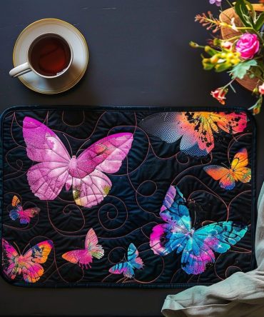 Starry Night Butterfly Quilted Placemat — 12x18 Holographic Blue Butterflies on Dark Sky, Cotton-Blend, Machine-Washable Table Accent