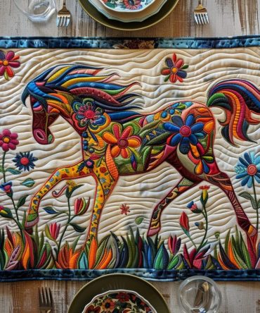 Colorful Galloping Horse Quilted Placemat — Dynamic Multicolor Equine Table Mat, Durable Quilted Cotton for Lively Dining Spaces