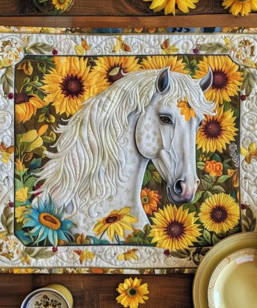 Vibrant White Horse Quilted Placemat — Bold Colorful Equine Table Accent, Soft Quilting for Heat Protection and Stylish Kitchen Decor