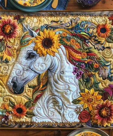Floral White Horse Quilted Table Placemat — Elegant White Equine Design with Botanical Accents, Durable Cotton for Stylish Dining