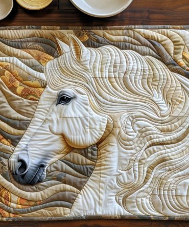 Dynamic White Horse Quilted Placemat — Striking White Equine Table Mat, Modern Equestrian Dining Accent, Easy-Care Quilted Piece