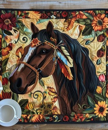 Tribal Equine Quilted Placemat — Handcrafted-Inspired Native Motif Horse Design, Durable Cotton Table Accent for Rustic & Bohemian Settings