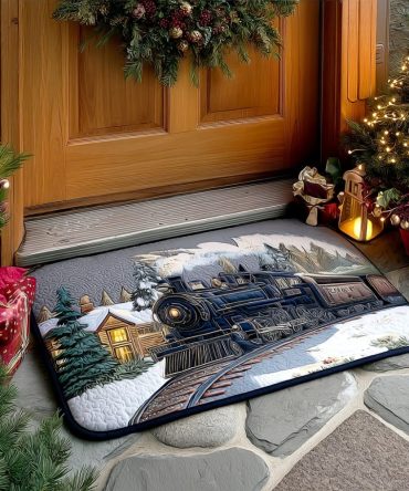 Polar Dream Rail Winter Doormat — Scenic Arctic Locomotive Welcome Rug, Durable Non-Slip Outdoor/Indoor Mat, Snowy Train Design For Holiday Entryways