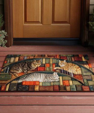 Literary Cat & Open Book Welcome Mat — Cute Cat Doormat For Book Lovers, Durable Coir Front Door Rug, Non-Slip Indoor/Outdoor Porch Accent