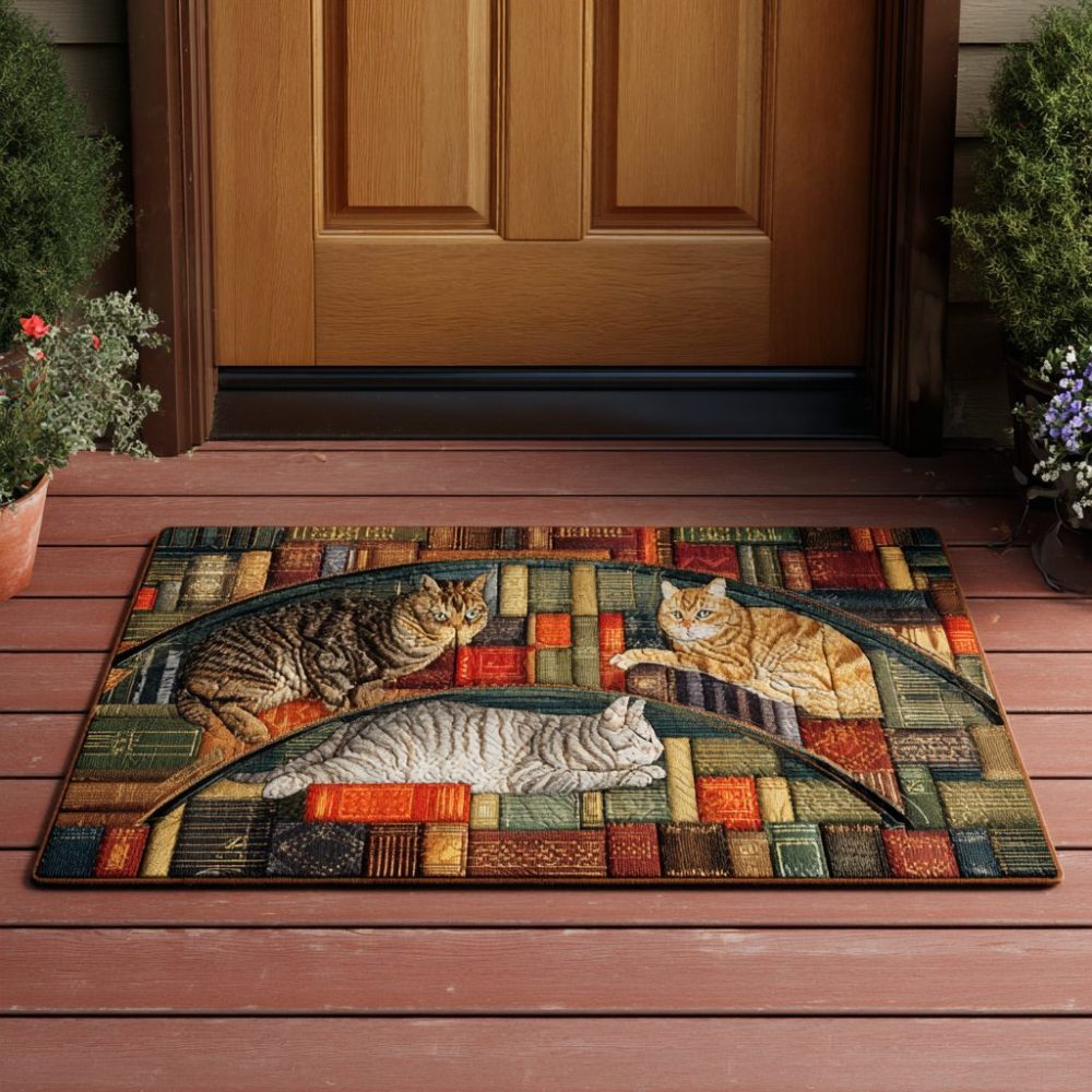 Literary Cat & Open Book Welcome Mat — Cute Cat Doormat For Book Lovers, Durable Coir Front Door Rug, Non-Slip Indoor/Outdoor Porch Accent