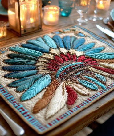 Sacred Headdress Quilted Placemat - Tribal-Inspired Boho Table Mat, Artisan Pattern for Eclectic Dining, Quilted Cotton & Easy Care