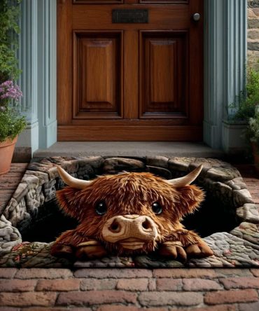 Grotto Highland Cow Welcome Rug — Rustic Farmhouse Doormat, Plush Yet Durable Indoor Entry Mat, Charming Highland Cattle Décor
