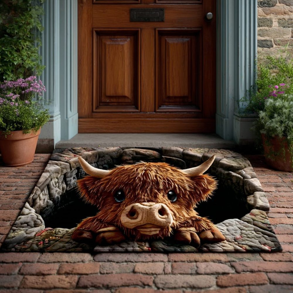 Grotto Highland Cow Welcome Rug — Rustic Farmhouse Doormat, Plush Yet Durable Indoor Entry Mat, Charming Highland Cattle Décor