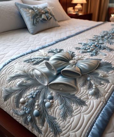 Yuletide Bell Glow Quilted Bed Runner — Festive Metallic Bell Bed Scarf For Classic Christmas Decor, Plush Quilting, Easy Care