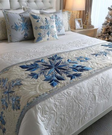 Nordic Star Long Quilted Bed Runner — Scandinavian Holiday Bed Scarf With Star Motif, Minimalist Winter Styling, Soft Padding