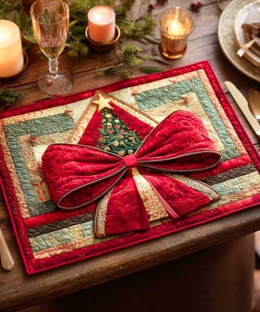 Silent Evergreen Forest Quilted Placemat - Subtle Pine Needle Design, Neutral Green Palette, Cotton-Blend, Seasonal & Everyday Table Accent