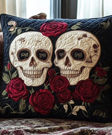 Skull Bouquet Quilted Pillow Cover — Edgy Floral Skull Motif On Textured Quilted Fabric, Gothic Chic Throw Sham With Hidden Zipper, Bold Accent For Modern & Halloween Décor