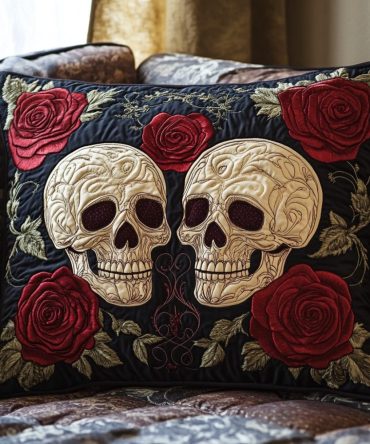 Skull Bouquet Quilted Pillow Cover - Gothic Floral Decorative Sham For Modern Boho Bedroom, Statement Accent, Soft Durable Fabric