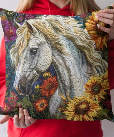 Rustic Horse & Flowers Quilted Pillow Cover — Charming Decorative Throw Sham With Floral Equine Print, Quilted Texture & Hidden Zipper