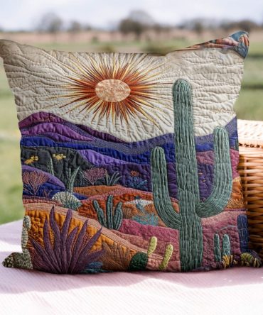 Desert Sunset Cactus Quilted Throw Pillow Cover — Soft Cotton-Blend Decorative Accent For Boho Sofa & Bedroom