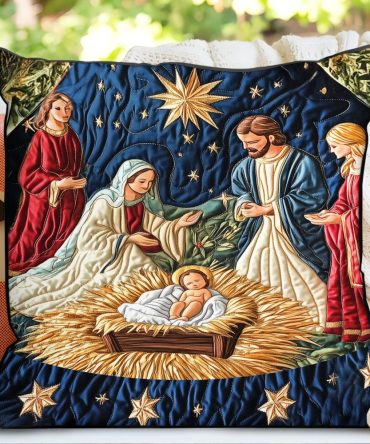 Holy Night Quilted Decorative Pillow Cover — Tranquil Religious Scene Throw Pillowcase With Stitched Quilting, Durable Cotton-Blend, Holiday-Ready