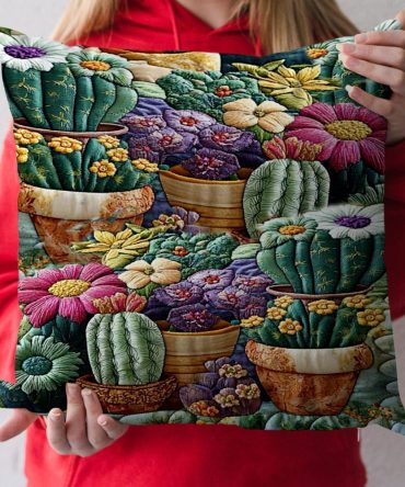 Cactus Bloom Quilted Pillow Cover — Floral Cactus Quilted Decorative Pillowcase For Southwestern & Bohemian Accent Styling