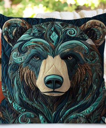 Whispering Woods Bear Quilted Decorative Pillow Cover — Cozy Woodland Throw Pillowcase For Cabin, Living Room & Gifts