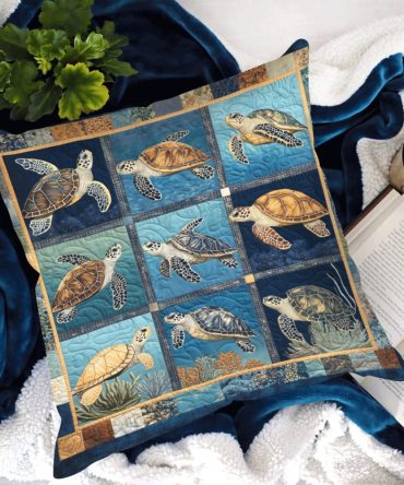 Turtle Lagoon Quilted Throw Pillow Cover — Ocean-Inspired Decorative Cushion Case For Beach House & Coastal Decor, Soft Textured Finish