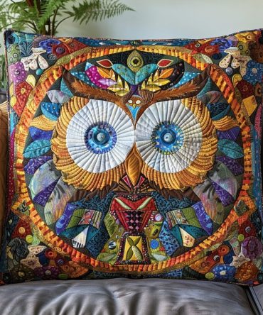 Insightful Visionary Owl Quilted Pillow Cover — Wise Owl Decorative Throw Cushion For Boho, Rustic & Eclectic Home Accents