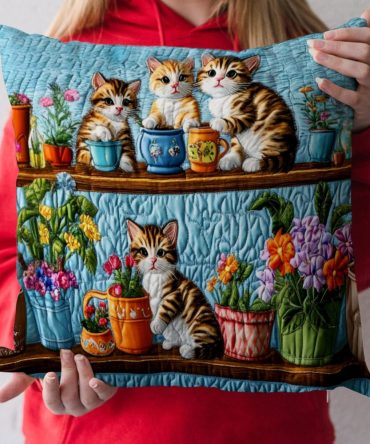 Kitten Garden Party Quilted Pillow Cover — Playful Floral & Feline Decorative Pillowcase For Kids & Living Spaces, Quilted Texture, Machine-Washable Accent