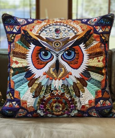 Mystic Owl Oracle Quilted Pillow Cover — Enigmatic Nighttime Owl Accent Cushion For Bohemian & Magical Home Styling