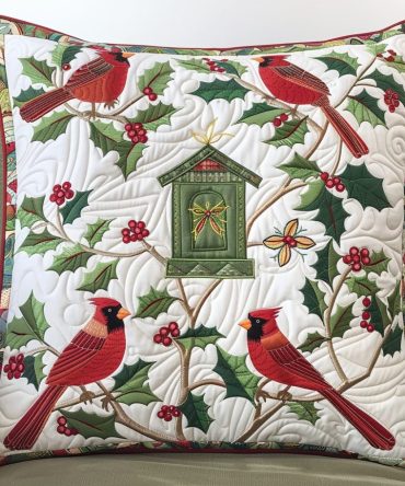 Cardinal Dance Quilted Pillowcase — Energetic Red Decorative Cushion Cover For Sofa & Bed , Textured Quilting, Soft Cotton-Blend