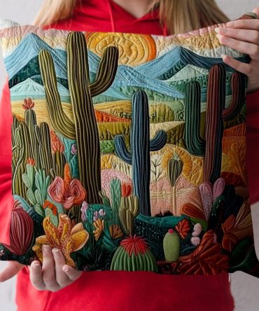 Sunset Cactus Quilted Pillow Cover — Desert Sunset Throw Accent With Warm Hues, Soft Quilted Texture, Hidden Zipper, Machine-Friendly Care