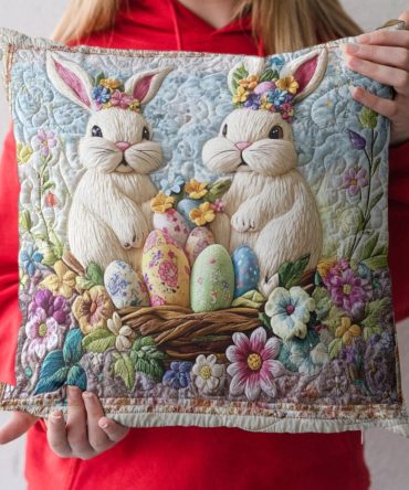 Easter Bunny Pair Quilted Pillow Cover — Cute Holiday Bunny Cushion Sham, Festive Spring Decor For Living Room & Kids’ Rooms