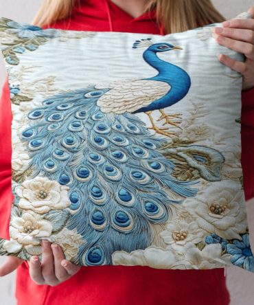 Peacock Bloom Quilted Decorative Pillow Cover — Vibrant Peacock Feather Floral Sham, Statement Accent For Boho & Luxe Interiors