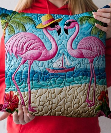 Flamingo Paradise Quilted Throw Pillow Cover – Tropical Decorative Cushion, Soft Cotton Blend, Machine-Washable Accent For Indoor/Outdoor