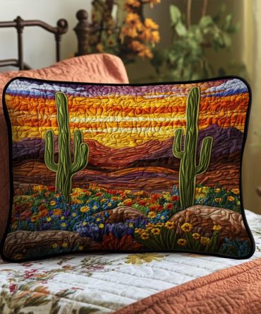 Southwestern Cactus Sunrise Quilted Pillow Cover, Cactus Sunrise View Pattern, Boho Desert Accent Sham, Cotton-Blend, Machine Washable