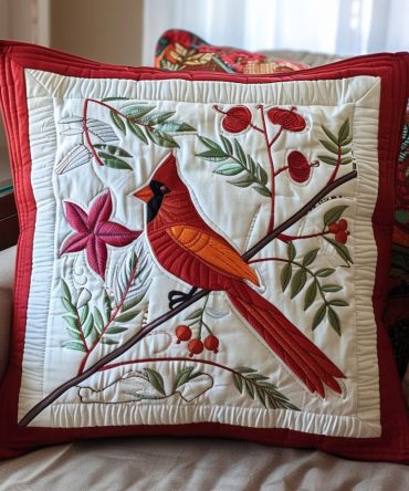 Cardinal Crest Quilted Pillow Cover — Elegant Red Cardinal Decorative Pillowcase, Cotton-Blend Quilting, Classic Accent For Traditional & Modern Homes