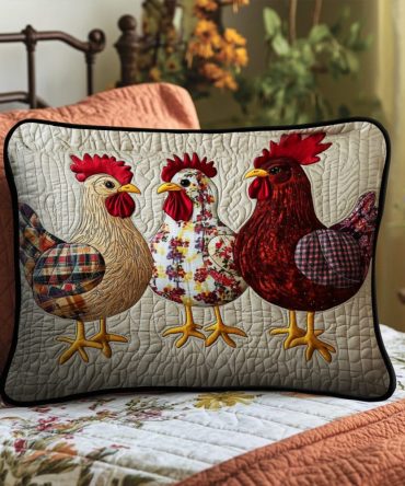 Country Rooster Quilted Pillow Cover — Rustic Farmhouse Roosters Print, Durable Decorative Pillowcase For Kitchen, Porch & Country Homes