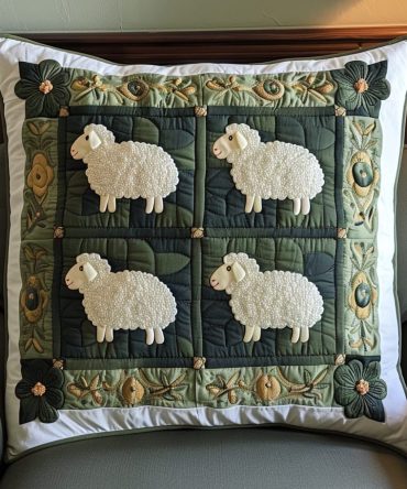 Sheep Slumber Quilted Decorative Pillow Cover — Adorable Sheep Pattern Throw Pillowcase For Nursery, Farmhouse & Kids' Rooms