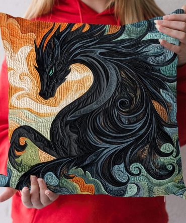 Dragon Obsidian Quilted Accent Pillow Cover — Dark Mythical Dragon Design Decorative Throw Cushion Case, Luxurious & Durable