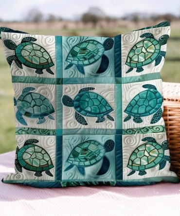 Turtle Harmony Quilted Decorative Pillow Cover — Coastal Turtle Motif Throw Pillowcase For Beachy, Nautical & Eco-Friendly Homes