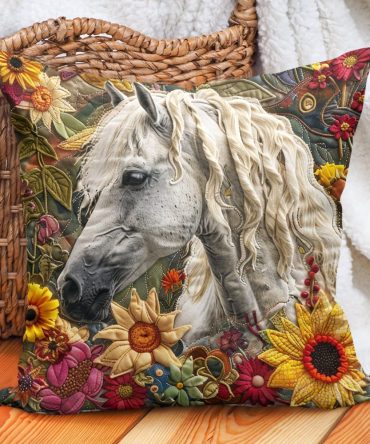 Free Spirit Floral Horse Quilted Pillow Cover — Bohemian Decorative Throw Sham With Vibrant Floral Horse Art, Quilted Cotton-Blend & Easy Care