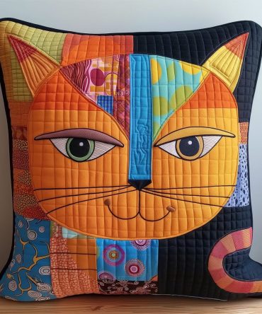 Colorful Patchwork Cat Quilted Pillow Cover - Boho Cat Throw Pillowcase, Soft Durable Cotton & Vibrant Home Decor Accent, Machine Washable