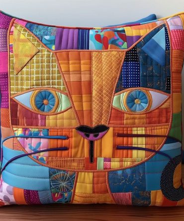 Kaleidoscope Kitty Quilted Pillow Cover - Multicolor Cat Print Bohemian Throw Pillowcase, Soft Cotton Blend, Fade-Resistant & Machine-Wash