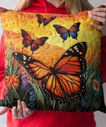 Golden Sunset Flight Quilted Pillow Cover — Warm Sunset Bird Motif Cushion Sham, Cozy Accent For Living Room & Bed